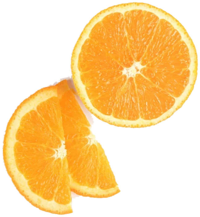 An orange cut into a half and a wedge